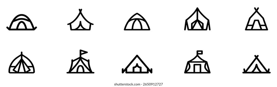 Camping tent icon set. Hiking camp vector illustration. Campground symbol. Shelter sign. Vector Illustration. EPS 10