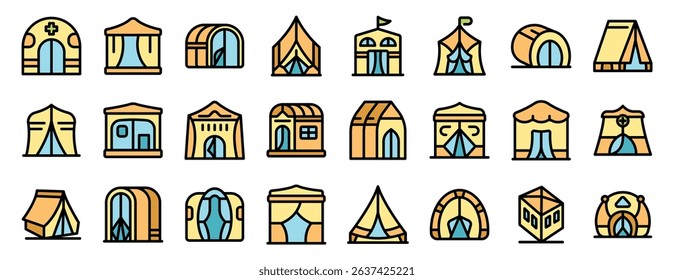 Camping tent icon set. Outdoor tent icons representing different types of camping shelters, including teepees, yurts, and cabin tents