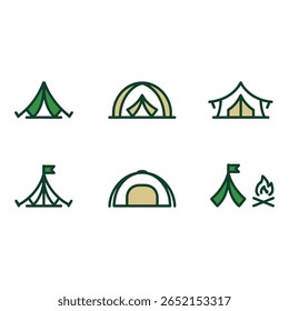 Camping Tent Icons Green and Beige Line Art Set Adventure and Outdoors Theme Minimalist Style