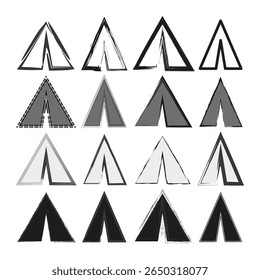 Camping tent icons. Outdoor shelter symbols. Adventure travel elements. Vector diverse shapes.