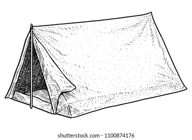 Camping tent illustration, drawing, engraving, ink, line art, vector