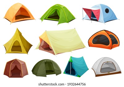 Camping tent isolated vector icons of tourist equipment, outdoor adventure and travel design. Campsite tented shelters and dome tents with awning, canopy, marquee and window, made of colorful nylon