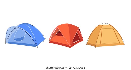 Camping tent isolated vector icons of tourist equipment, outdoor adventure and travel design. Campsite tented shelters and dome tents with awning, canopy, marquee and window, made of colorful nylon. 