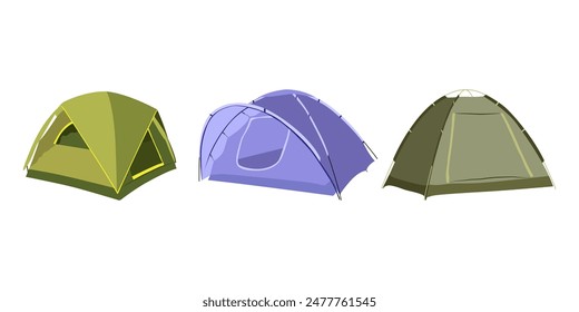 Campingzelt isoliert Vektor-Ikonen der touristischen Ausrüstung, Outdoor-Abenteuer und Reise-Design. Campingplatz Zeltunterkünfte und Kuppelzelte mit Markise, Vordach, Festzelt und Fenster, aus buntem Nylon. 