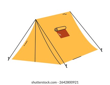 Camping tent isolated vector illustration. Simple classic tent with guy lines and window. Summertime outdoor activity, travel, hiking. Flat object with cute doodle elements