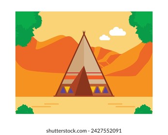 Camping in a tent in the jungle of africa with a beautiful mountain view, adventure journey. Character design. Vector flat illustration