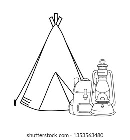 camping tent with kerosene lantern and bag