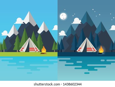 Camping tent with landscape at day and night. Vector illustration