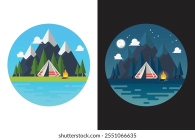 Camping tent with landscape at day and night logos. Vector illustration