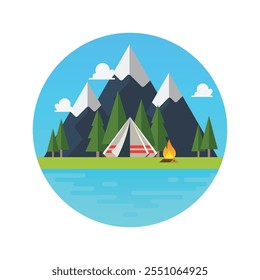 Camping tent with landscape logo. Vector illustration