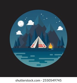 Camping tent with landscape at night logo. Vector illustration