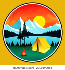 Camping tent with landscape vector illustration