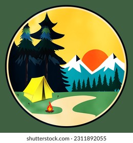 Camping tent with landscape vector illustration