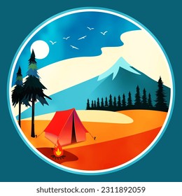 Camping tent with landscape vector illustration