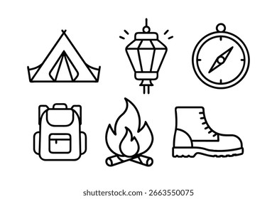 Camping Tent, Lantern, Compass, Backpack, Campfire, and Hiking Boot Line Icons
