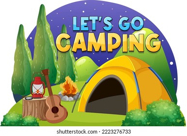 Camping tent with lets go camping text illustration