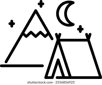 Camping tent line icon. Camp in the mountains at night outline vector sign. Travel linear style pictogram. Symbol, logo illustration. Editable stroke.