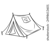 Camping tent line icon. Hand drawn retro campsite shelter with window and open door, equipment. Summer camp house, outdoor adventure mascot, outline canvas tent on pegs icon vector illustration
