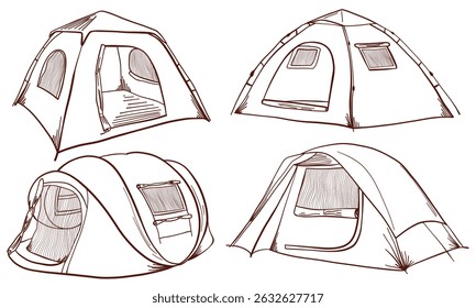 Camping Tent Line Set. Outdoor Adventure and Travel Elements. Minimal Vector Collection