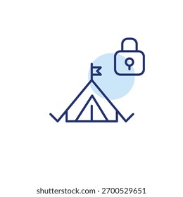 Camping tent and lock. Protected site, safe adventure. Pixel perfect, editable stroke vector icon