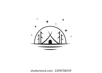 camping tent logo design template with moon star decorated background