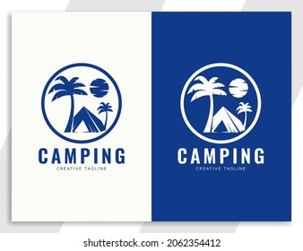 Camping or tent logo design with tree and sun illustration