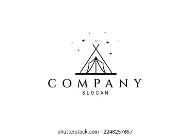 Logo de carpas de camping por la noche decorado con estrellas de diseño lineal
