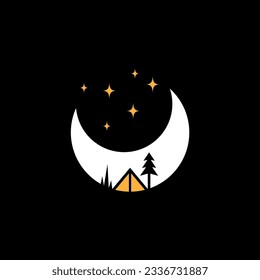 Ilustración vectorial del logotipo de tienda de campaña con fondo de luna creciente y estrellas