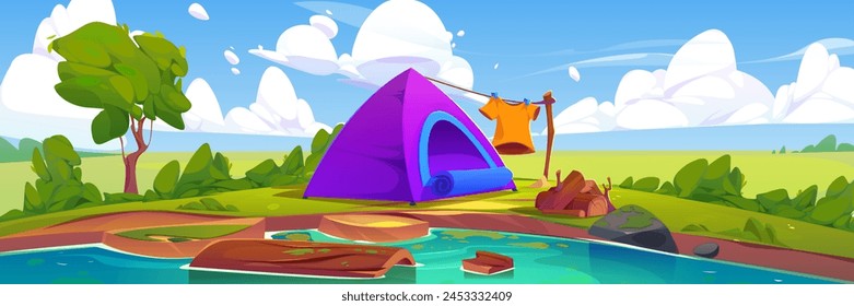 Camping tent with logs in bonfire and drying clothes on shore of lake or river. Cartoon vector summer or spring landscape with pond, green grass and trees, blue sky with clouds for outdoor eco tourism