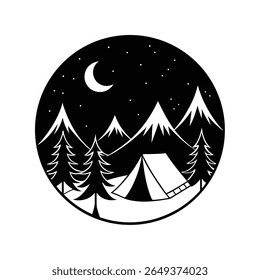 Camping Tent in Mountain Forest at Night – Silhouette Outdoor Adventure Vector art