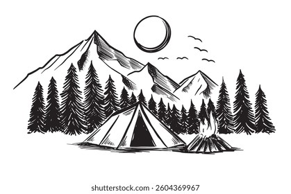 Camping, tent, Mountain landscape, hand drawn style, vector illustration.