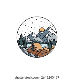 Camping Tent in Mountain Landscape with River, Pines, and Sunset in Circular Badge - Vector Illustration