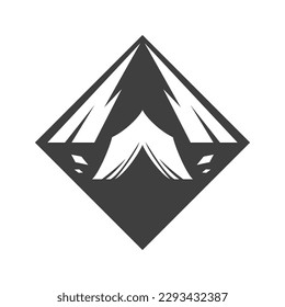 Camping tent with mountain rhombus monochrome vintage logo design vector illustration. Camp adventure nature hiking recreation angular abstract art old fashioned icon travel expedition exploration