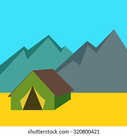 Camping tent with mountains background, vector illustration