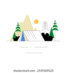 Camping Tent With Mountains And Pine Trees In Flat Vector Illustration Symbolizing Outdoor Adventures, Nature, And Travel, Isolated On White Background