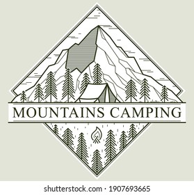 Camping tent in mountains range and pine forest vector linear emblem isolated on white, holidays and vacations in woods line art, design wanderlust logo.