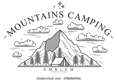 Camping Zelt in Bergen und Kiefernwald Vektorlineemblem einzeln auf Weiß, Ferien und Ferien in Holz Linie Kunst, Design Wanderlust Logo.