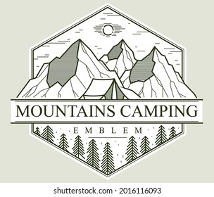 Camping tent in mountains range and pine forest vector linear emblem isolated on white, holidays and vacations in woods line art, design wanderlust logo.