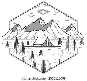 Camping tent in mountains range and pine forest vector linear emblem isolated on white, holidays and vacations in woods line art, design wanderlust logo.