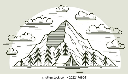 Camping tent in mountains range and pine forest vector linear illustration isolated on white, holidays and vacations in woods line art, design wanderlust drawing.