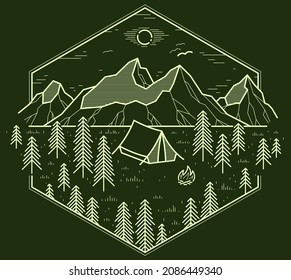 Camping tent in mountains range and pine forest vector linear emblem on dark, holidays and vacations theme line art drawing, design wanderlust logo.