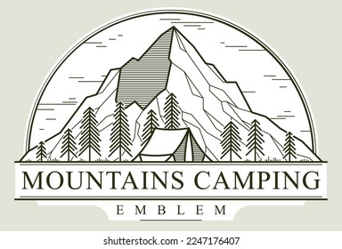 Camping tent in mountains range and pine forest vector linear emblem isolated on white, holidays and vacations in woods line art, design wanderlust logo.