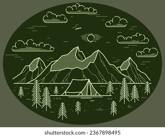 Camping tent in mountains range and pine forest vector linear illustration on dark, holidays and vacations theme line art drawing, design wanderlust.