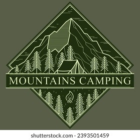 Camping tent in mountains range and pine forest vector linear emblem on dark, holidays and vacations theme line art drawing, design wanderlust logo.