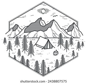 Camping tent in mountains range and pine forest vector linear emblem isolated on white, holidays and vacations in woods line art, design wanderlust logo.