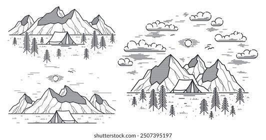 Camping tent in mountains range and pine forest vector linear illustration isolated on white, holidays and vacations in woods line art, design wanderlust drawing.