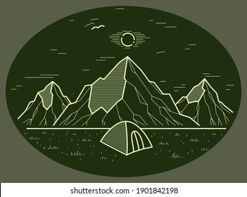 Camping tent in mountains range vector linear illustration on dark, holidays and vacations theme line art drawing, design wanderlust.