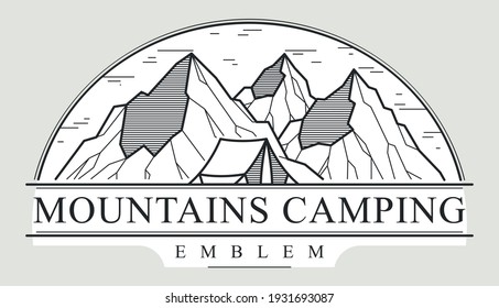 Camping tienda en montañas rango emblema lineal vectorial aislado en blanco, vacaciones y vacaciones logotipo de línea de arte logo, diseño de dibujo de la lujuria.