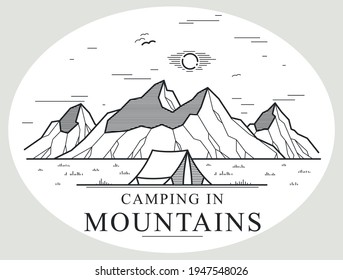 Camping tent in mountains range vector linear illustration isolated on white, holidays and vacations theme line art drawing, design wanderlust.