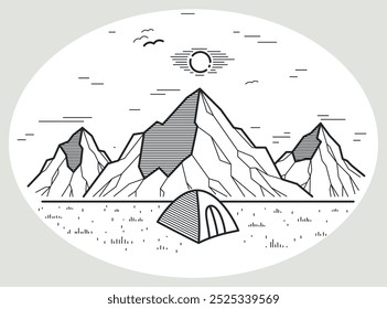 Camping tent in mountains range vector linear illustration isolated on white, holidays and vacations theme line art drawing, design wanderlust.